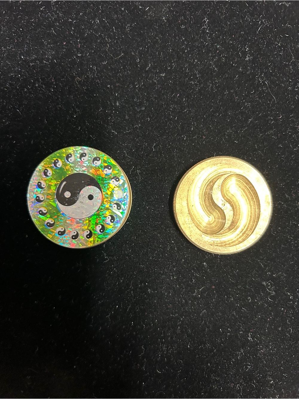 Yin-Yang pair of vintage 1990s metal POG slammers.
